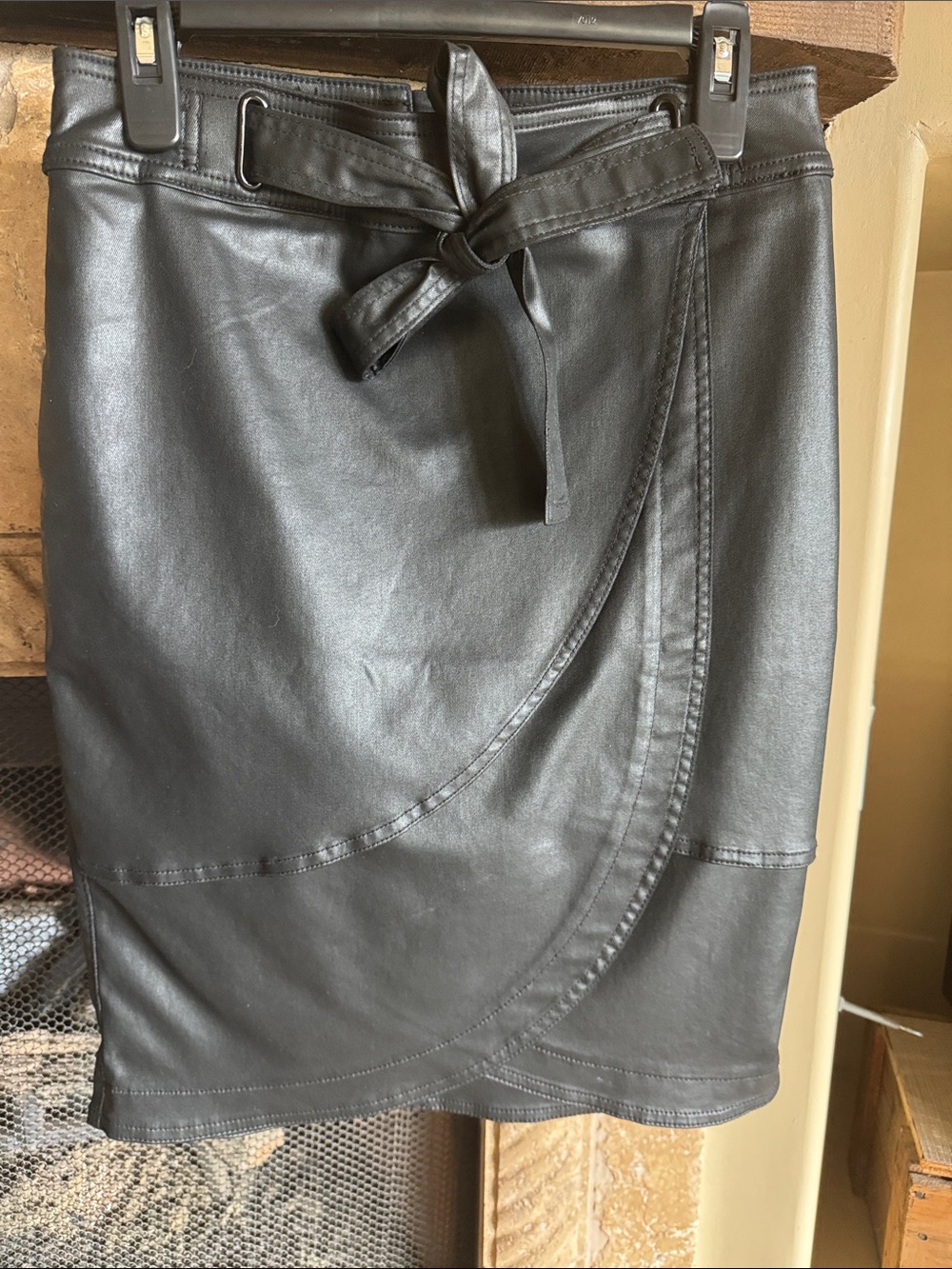 White House Black Market Black coated Wrap Pencil mini Skirt with Tie NWT